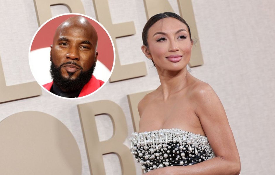 Jeannie Mai wears a black dress with pear accents next to an inset photo of Jeezy in a red suit.