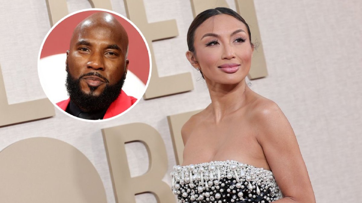 Jeannie Mai wears a black dress with pear accents next to an inset photo of Jeezy in a red suit.