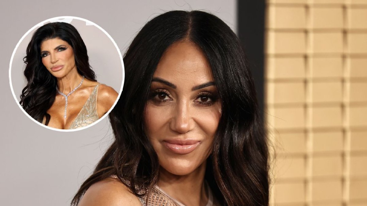 Melissa Gorga wears a sheer dress next to a photo of Teresa Giudice