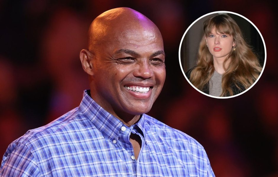 Charles Barkley wears a blue and white checked shirt next to an inset photo of Taylor Swift.