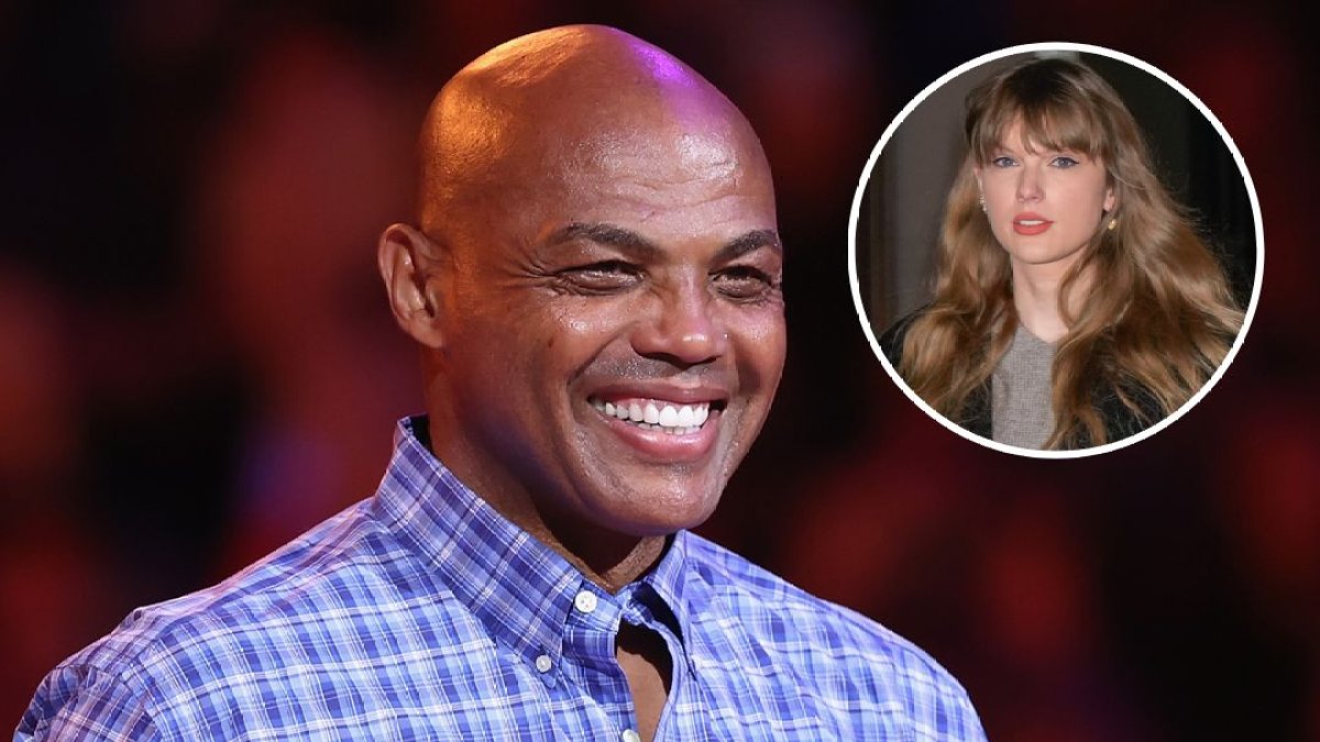 Charles Barkley wears a blue and white checked shirt next to an inset photo of Taylor Swift.