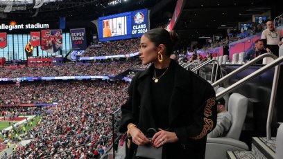 olivia culpo reps christian mccaffrey at super bowl