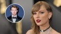 Taylor Swift in a white dress next to an inset photo of Joe Alwyn