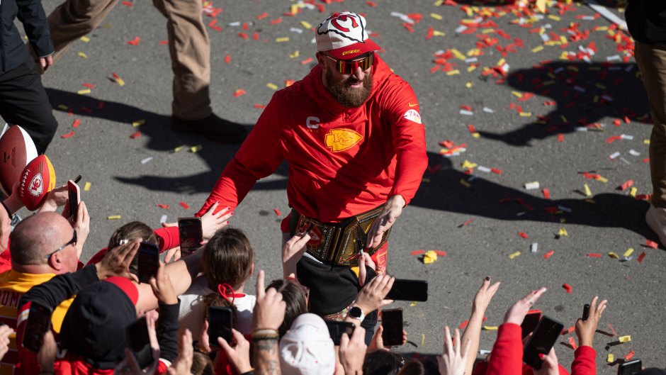Travis Kelce Chugs Beer at Chiefs Parade With Jason Cutout