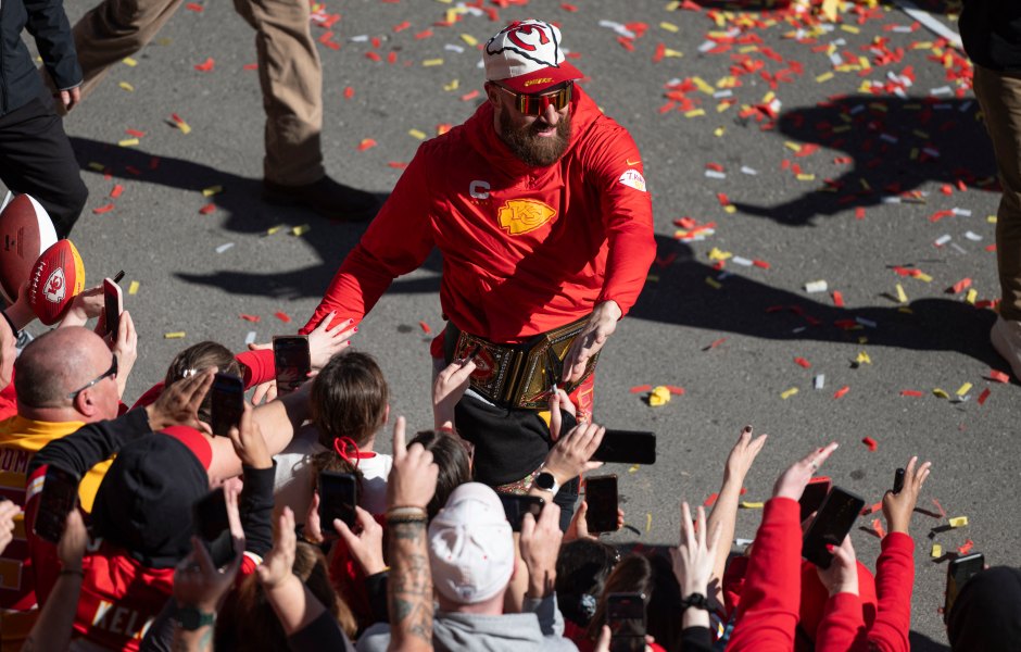 Travis Kelce Chugs Beer at Chiefs Parade With Jason Cutout