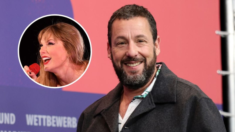Adam Sandler wearing a black utility jacket next to an inset photo of Taylor Swift singing on stage