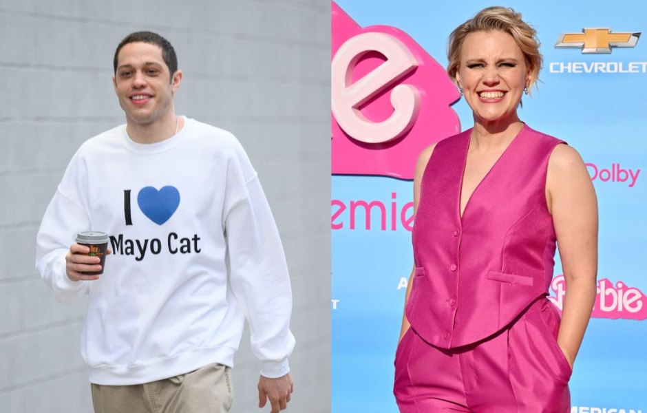 Pete Davidson wearing am I Love Mayo Cat sweatshirt next to Kate McKinnon in all pink at one of the Barbie premieres.
