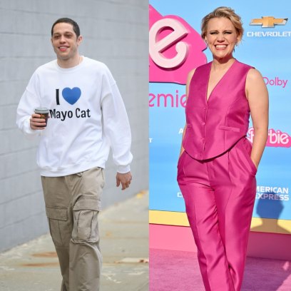 Pete Davidson wearing am I Love Mayo Cat sweatshirt next to Kate McKinnon in all pink at one of the Barbie premieres.