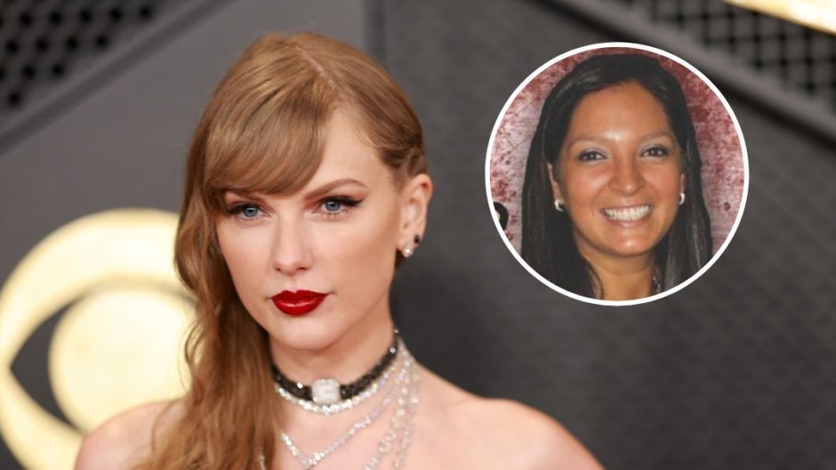 Taylor Swift wearing a white strapless dress next to an inset photo of Lisa Lopez-Galvan