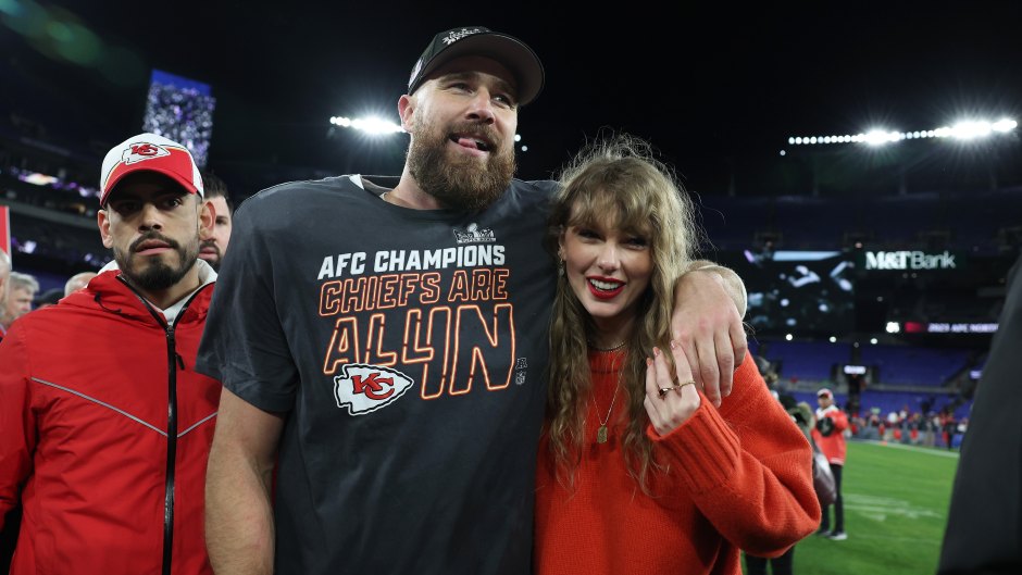 Travis Kelce with his arm around Taylor Swift after the AFC championship game.