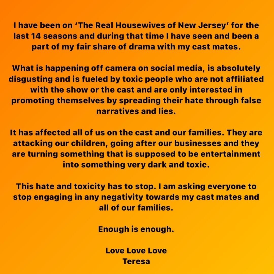 RHONJ&rsquo;s Teresa Giudice Slams &lsquo;Toxic People&rsquo; Who Spread &lsquo;Lies&rsquo;