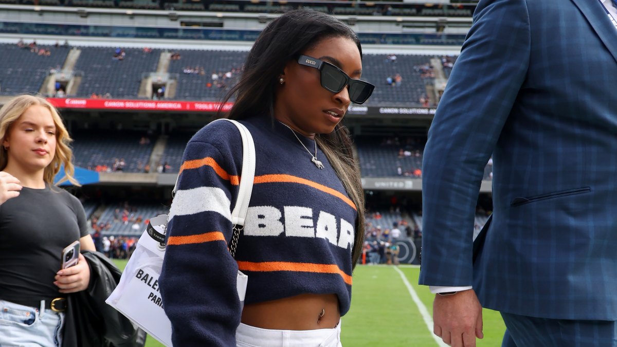 Simone Biles Wears Chicago Bears Crop Top to Husband's Game