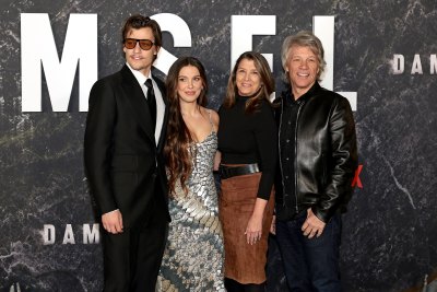 Jake Bongiovi, Millie Bobby Brown, Dorothea Hurley, and Jon Bon Jovi attend the Damsel World Premiere in 2024.
