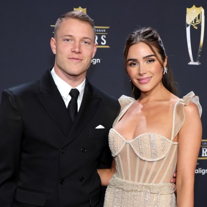 PHOENIX, ARIZONA - FEBRUARY 09: (L-R) Christian McCaffrey and Olivia Culpo attend the 12th annual NFL Honors at Symphony Hall on February 09, 2023 in Phoenix, Arizona. (Photo by Ethan Miller/Getty Images)