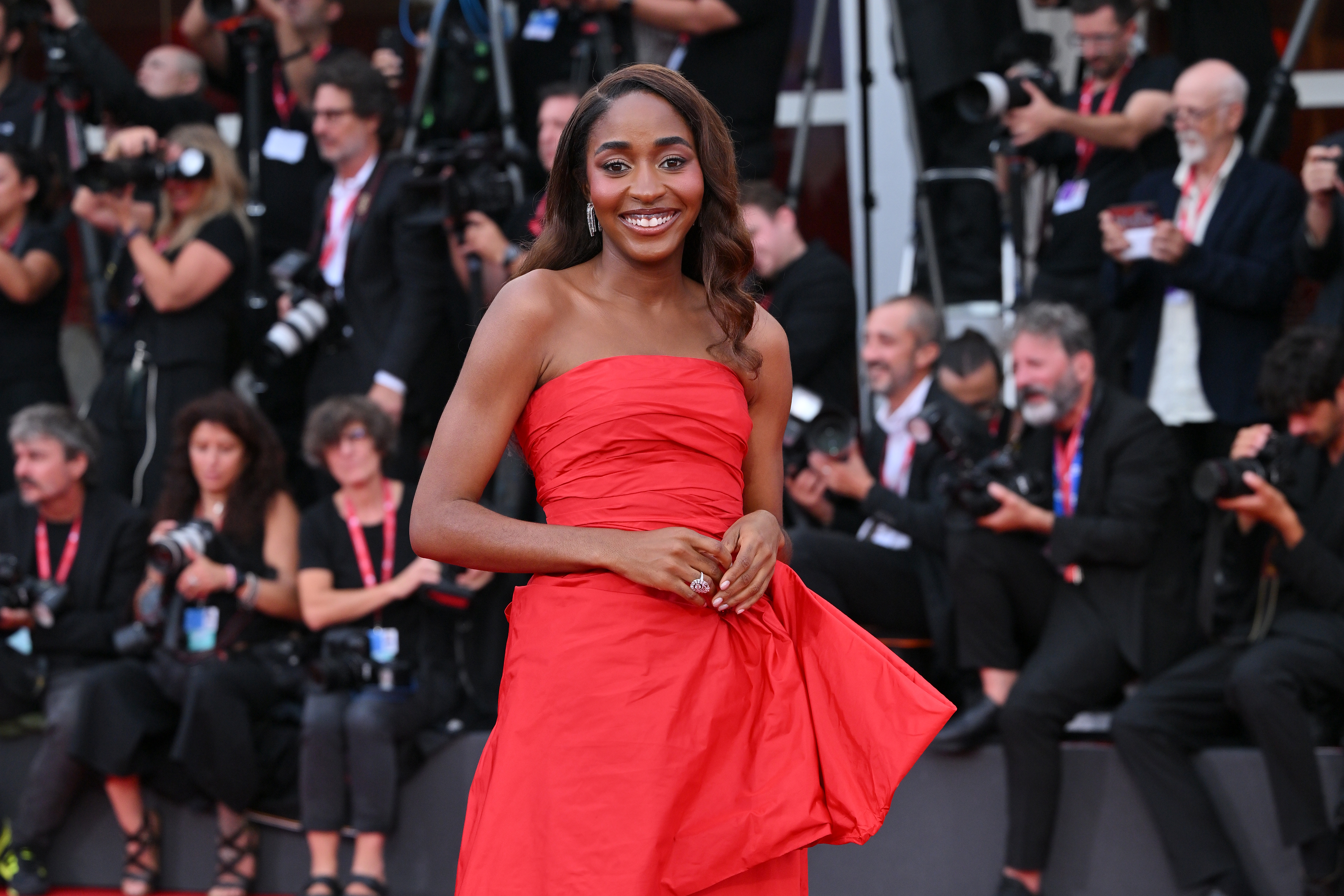 VENICE, ITALY - AUGUST 29: Ayo Edebiri attends the "After The Hunt" red carpet during the 82nd Venice International Film Festival on August 29, 2025 in Venice, Italy. (Photo by Dominique Charriau/WireImage)