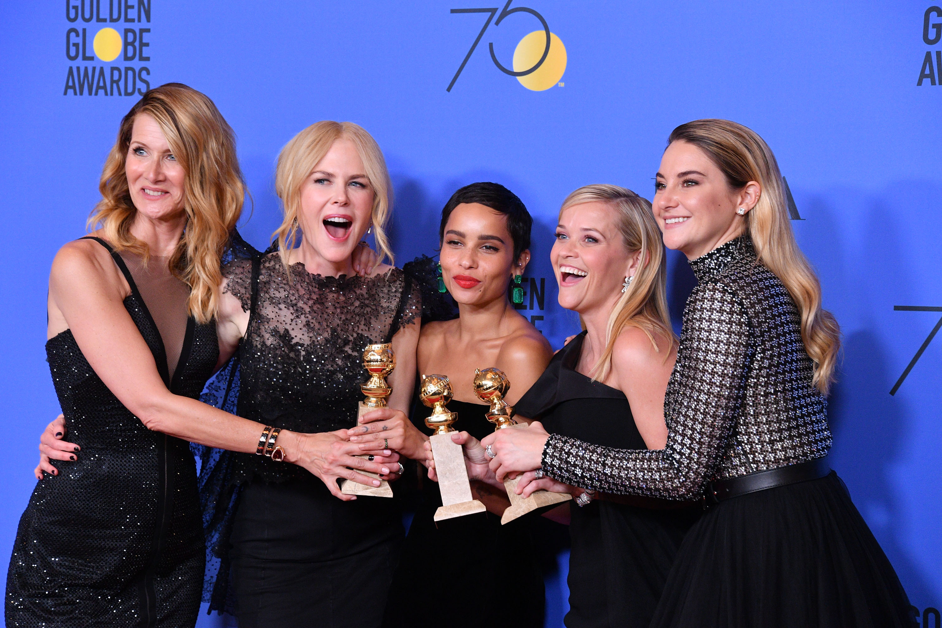 BEVERLY HILLS, CA - JANUARY 07: (L-R) Actors Laura Dern, Nicole Kidman, Zoe Kravitz, Reese Witherspoon and Shailene Woodley of 'Big Little Lies,' winner of the award for Best Television Limited Series or Motion Picture Made for Television, pose in the press room during The 75th Annual Golden Globe Awards at The Beverly Hilton Hotel on January 7, 2018 in Beverly Hills, California. (Photo by George Pimentel/WireImage)