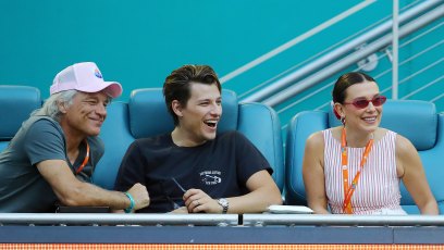 2206582893 MIAMI GARDENS, FLORIDA - MARCH 27: Jon Bon Jovi, Jake Bongiovi and Millie Bobby Brown attend the Novak Djokovic of Serbia and Sebastian Korda of the United States match on Day 10 of the Miami Open at Hard Rock Stadium on March 27, 2025 in Miami Gardens, Florida. (Photo by Leonardo Fernandez/Getty Images)