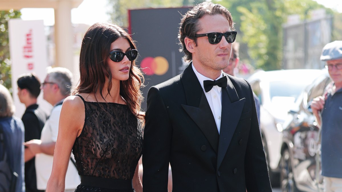 VENICE, ITALY - SEPTEMBER 01: Kaia Gerber and Lewis Pullman depart from Hotel Excelsior during the 82nd Venice International Film Festival on September 01, 2025 in Venice, Italy. (Photo by Jacopo Raule/FilmMagic)