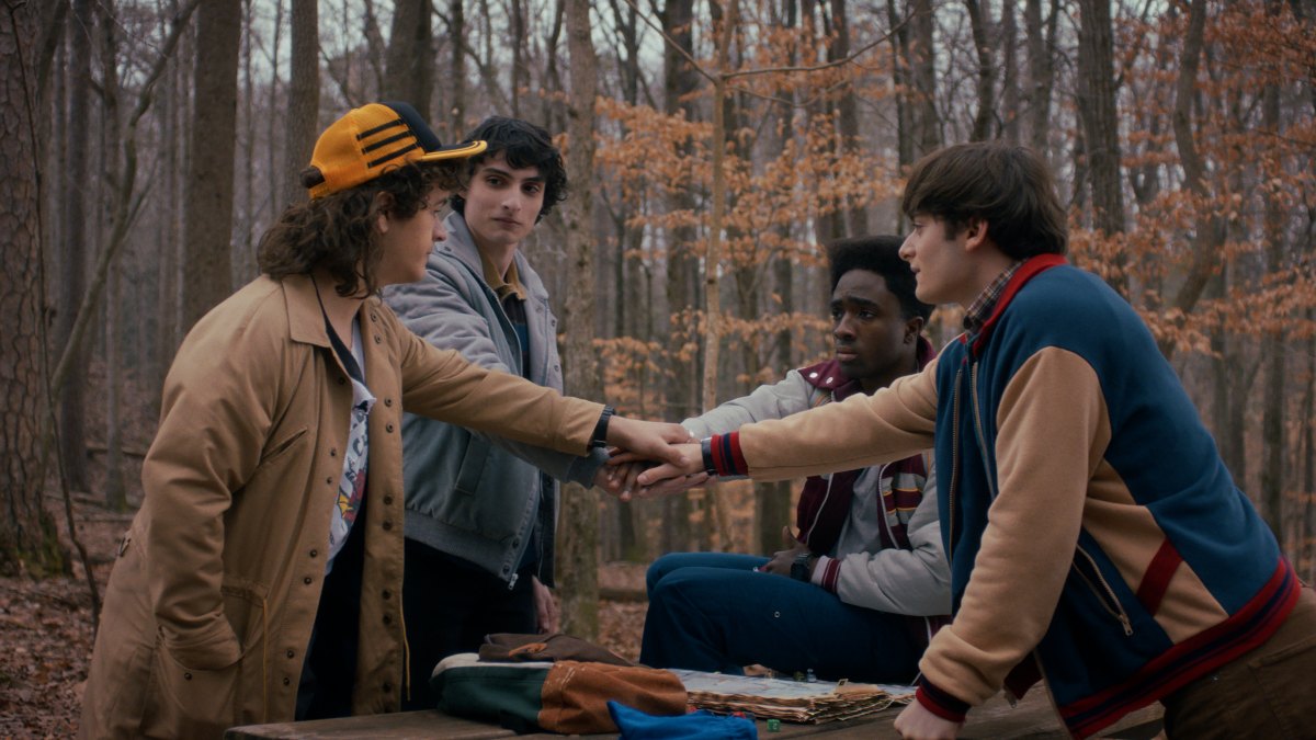 STRANGER THINGS. (L to R) Gaten Matarazzo as Dustin Henderson, Finn Wolfhard as Mike Wheeler, Caleb McLaughlin as Lucas Sinclair, and Noah Schnapp as Will Byers in STRANGER THINGS. Cr. Courtesy of Netflix © 2025