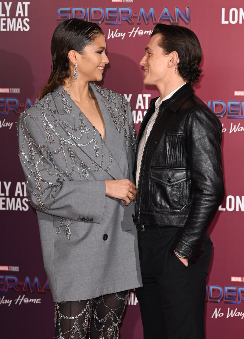 LONDON, ENGLAND - DECEMBER 05: Zendaya and Tom Holland attend a photocall for "Spiderman: No Way Home" at The Old Sessions House on December 05, 2021 in London, England. (Photo by Karwai Tang/WireImage)
