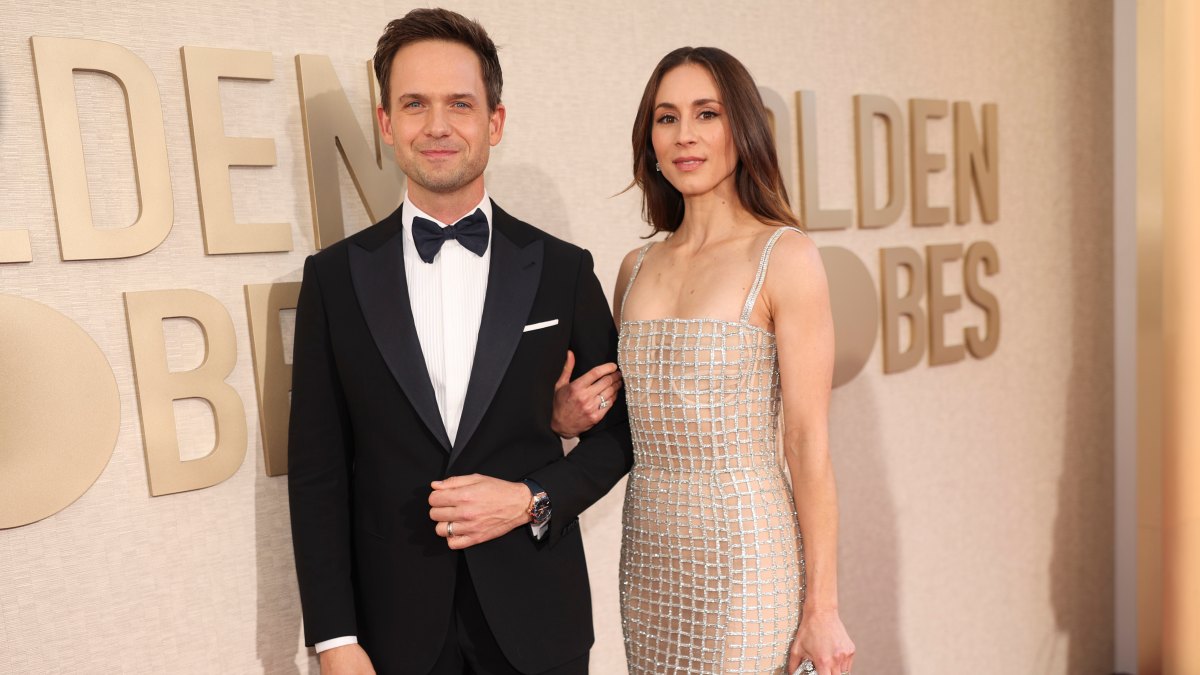 Patrick J. Adams and Troian Bellisario at the 81st Golden Globe Awards held at the Beverly Hilton Hotel on January 7, 2024 in Beverly Hills, California. (Photo by Christopher Polk/Golden Globes 2024/Golden Globes 2024 via Getty Images)