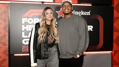 LAS VEGAS, NEVADA - NOVEMBER 23: (L-R) Allison Kuch and Isaac Rochell attend the F1 Grand Prix of Las Vegas on November 23, 2024 in Las Vegas, Nevada. (Photo by Bryan Steffy - Formula 1/Formula 1 via Getty Images)