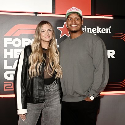 LAS VEGAS, NEVADA - NOVEMBER 23: (L-R) Allison Kuch and Isaac Rochell attend the F1 Grand Prix of Las Vegas on November 23, 2024 in Las Vegas, Nevada. (Photo by Bryan Steffy - Formula 1/Formula 1 via Getty Images)
