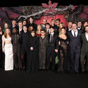 2245421434 HOLLYWOOD, CALIFORNIA - NOVEMBER 06: (L-R) Bela Bajaria, CCO, Netflix, Emily Morris, Matt Duffer, Nell Fisher, Sadie Sink, Ted Sarandos, Co-CEO, Netflix, Caleb McLaughlin, Joe Chrest, Finn Wolfhard, Dan Cohen, Winona Ryder, Alex Breaux, Priah Ferguson, Gaten Matarazzo, Natalia Dyer, Brett Gelman, Noah Schnapp, Jamie Campbell Bower, Charlie Heaton, Joe Keery, Maya Hawke, Millie Bobby Brown, Amybeth McNulty, Shawn Levy, David Harbour, Jake Connelly, Jinny Howe, VP of Drama Development, Netflix, Ross Duffer, Kate Trefry, Carolina Garcia and Cara Buono attend the Los Angeles Premiere of Netflix's "Stranger Things" Season 5 at TCL Chinese 6 Theatres on November 06, 2025 in Hollywood, California. (Photo by Kevin Winter/Getty Images)