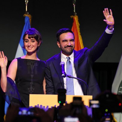 New York City Mayoral candidate Zohran Mamdani (R) celebrates alongside his wife Rama Duwaji (L) during an election night event at the Brooklyn Paramount Theater in Brooklyn, New York on November 4, 2025. New Yorkers elected leftist Zohran Mamdani as their next mayor November 4, 2025 broadcasters projected, on a day of key local ballots across the country offering the first electoral judgement of Donald Trump's tumultuous second White House term. (Photo by ANGELA WEISS / AFP) (Photo by ANGELA WEISS/AFP via Getty Images)