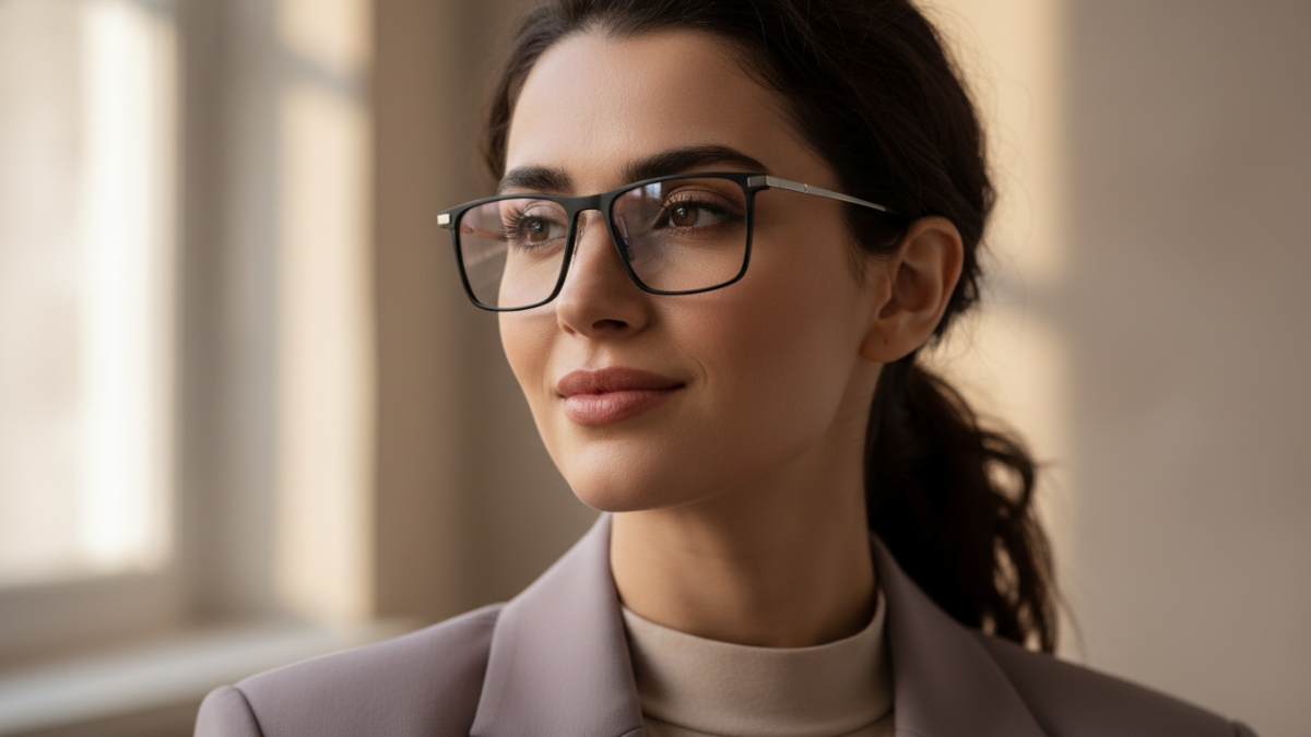 Titanium glasses frames styled on a woman with a modern outfit