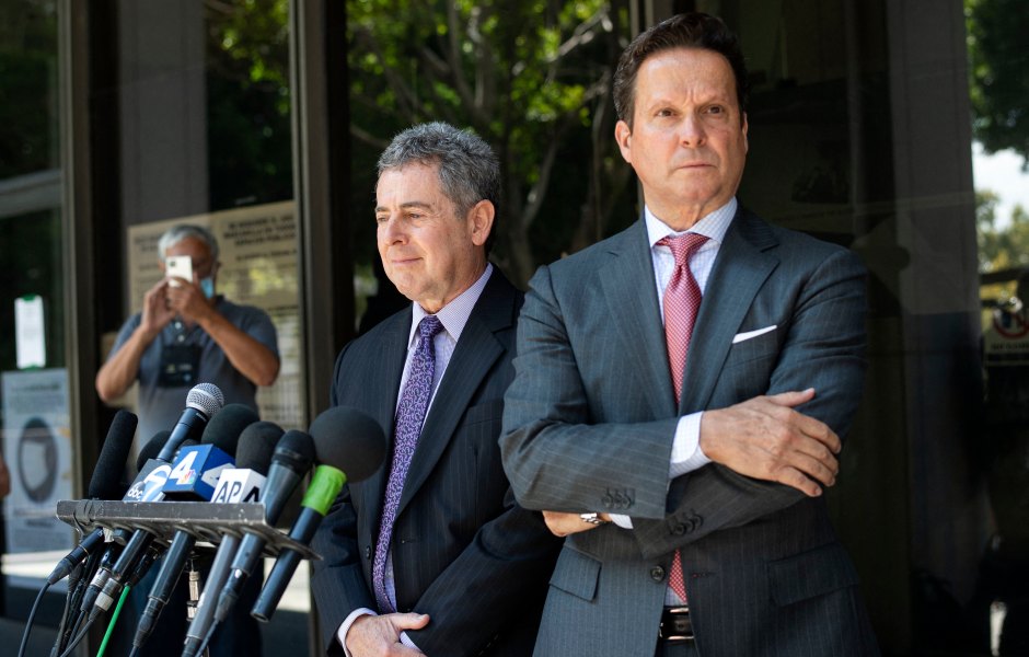 1234299475 Mark Werksman (L) and Alan Jackson, attorneys for former film producer Harvey Weinstein, talk to reporters outside of the Clara Shortridge Foltz Criminal Justice Center where Weinstein made a court appearance, in Los Angeles, California, July 29, 2021. - Weinstein is accused of sexually assaulting five women in Los Angeles between 2004 and 2013, when former actress Lauren Young alleges the "Pulp Fiction" producer attacked her in a Beverly Hills hotel. (Photo by VALERIE MACON / AFP) (Photo by VALERIE MACON/AFP via Getty Images)