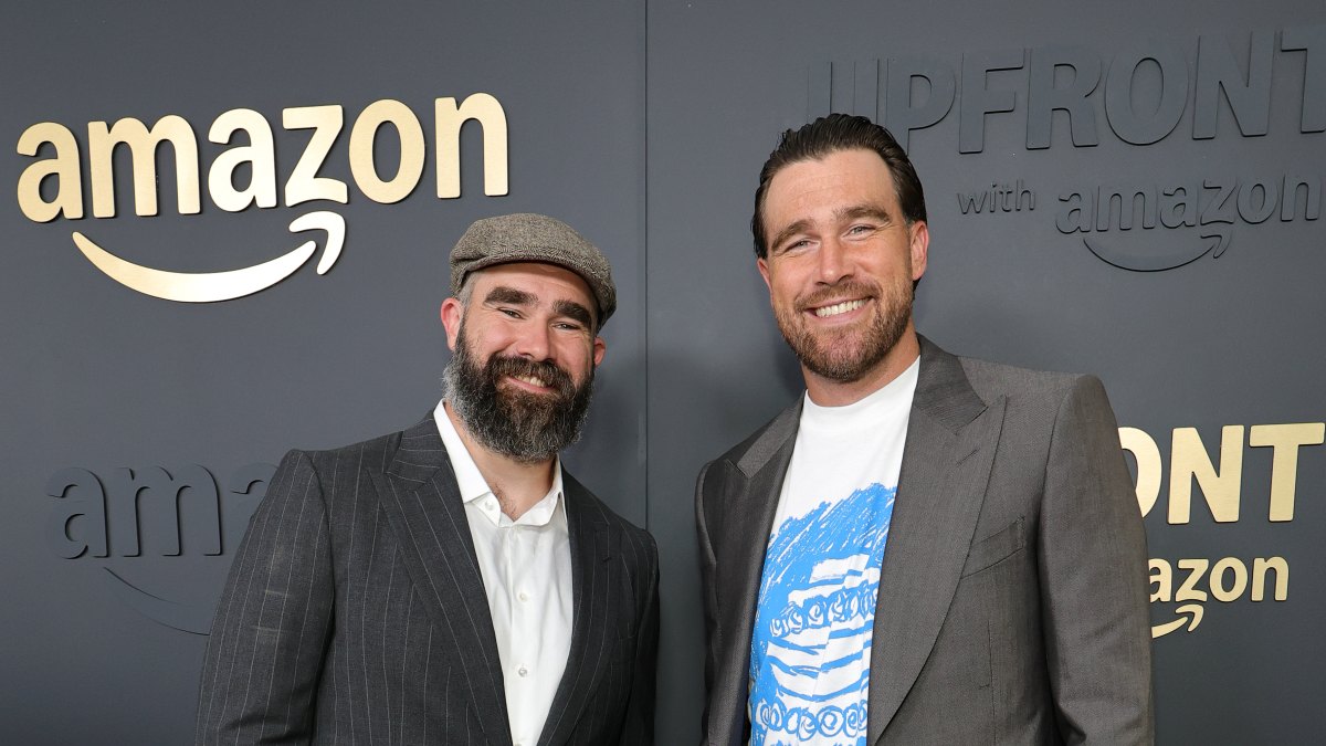 -2214775837m NEW YORK, NEW YORK - MAY 12: (L-R) Jason Kelce and Travis Kelce attend the Amazon 2025 Upfront at Beacon Theatre on May 12, 2025 in New York City. (Photo by Dia Dipasupil/Getty Images)