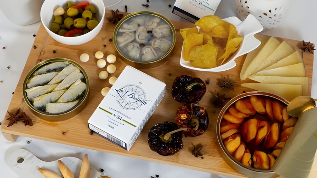 Traditional Spanish conservas featuring sardines and shellfish