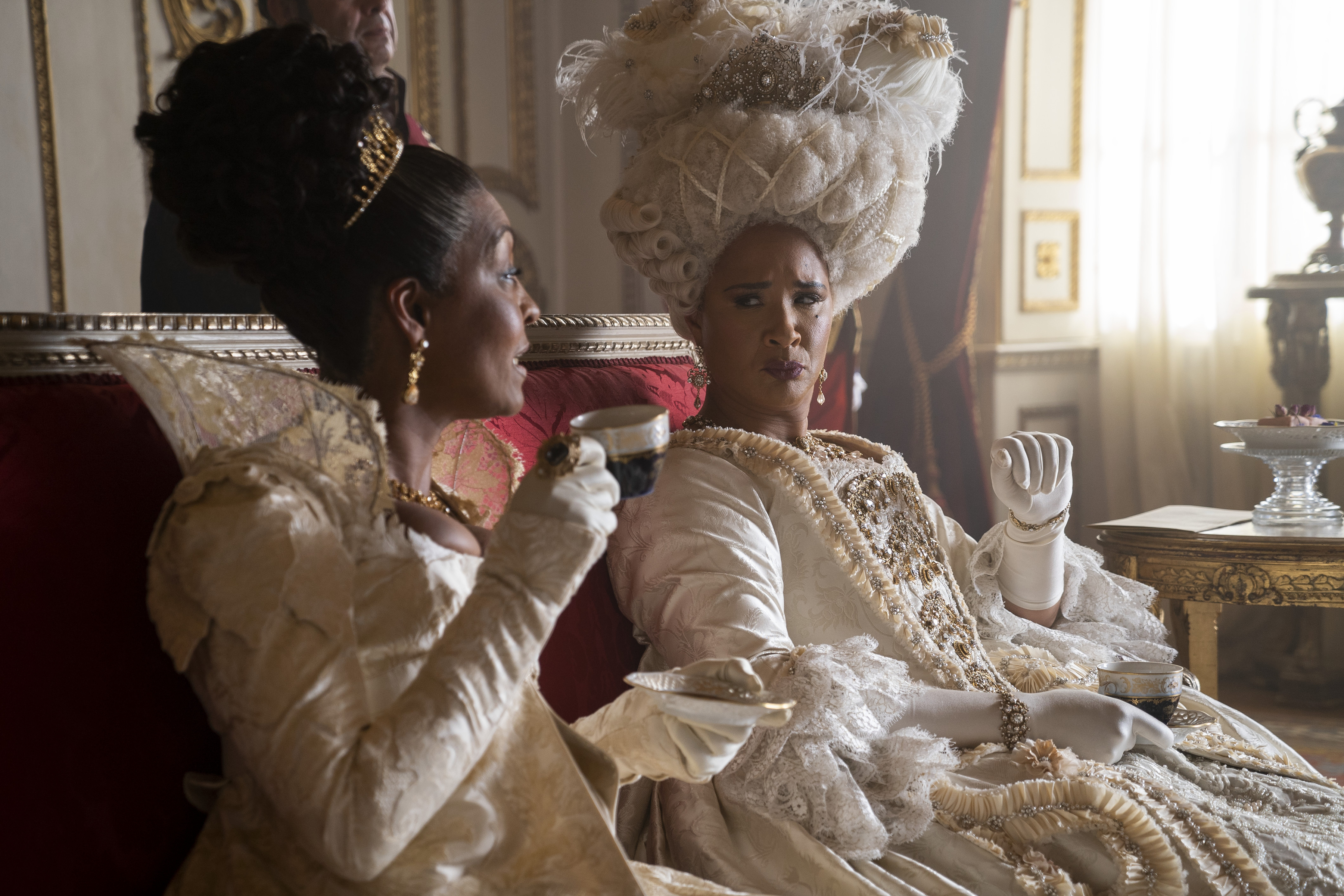 Bridgerton. (L to R) Adjoa Andoh as Lady Danbury, Golda Rosheuvel as Queen Charlotte in episode 201 of Bridgerton. Cr. Liam Daniel/Netflix © 2022