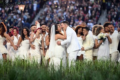 2260111764 Performers portray a wedding during Puerto Rican singer Bad Bunny performance at Super Bowl LX Patriots vs Seahawks Apple Music Halftime Show at Levi's Stadium in Santa Clara, California on February 8, 2026. (Photo by JOSH EDELSON / AFP via Getty Images)