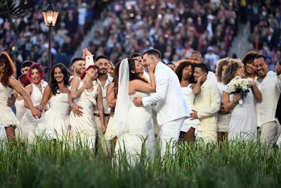 2260111764 Performers portray a wedding during Puerto Rican singer Bad Bunny performance at Super Bowl LX Patriots vs Seahawks Apple Music Halftime Show at Levi's Stadium in Santa Clara, California on February 8, 2026. (Photo by JOSH EDELSON / AFP via Getty Images)