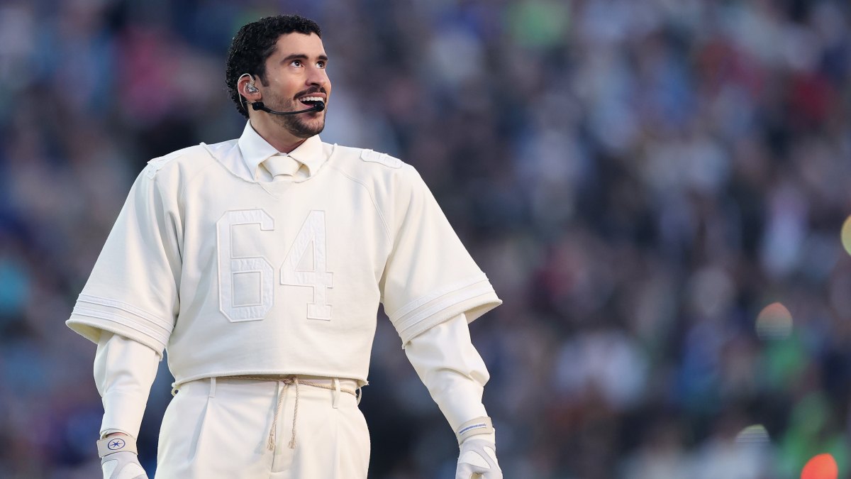 SANTA CLARA, CALIFORNIA - FEBRUARY 08: Bad Bunny performs onstage during the Apple Music Super Bowl LX Halftime Show at Levi's Stadium on February 08, 2026 in Santa Clara, California. (Photo by Kevin C. Cox/Getty Images)