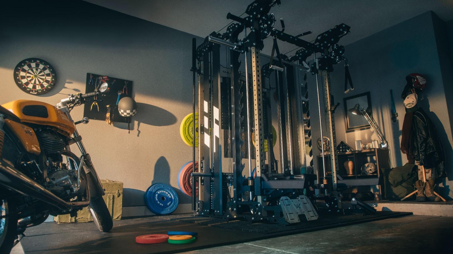 home gym setup with Major Fitness power rack and Smith machine